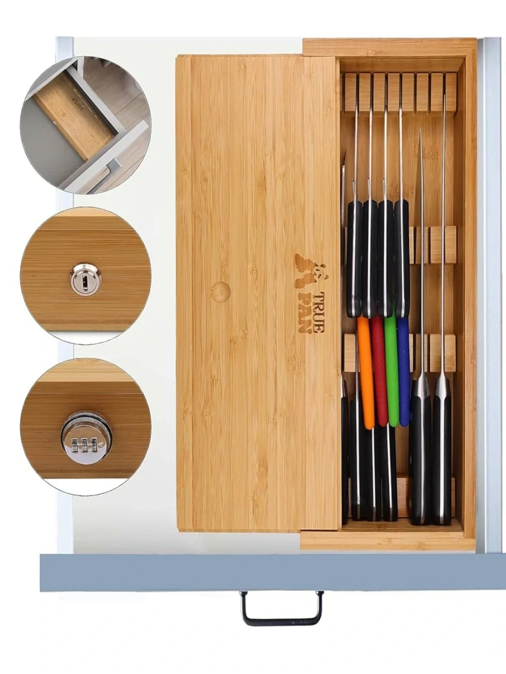 Bamboo Knife Drawer Box with Chrome Lock and Key